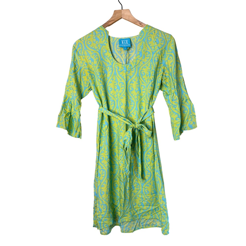 Escapada Womens Small Lime Green Blue Scroll Print Bell Sleeve Belted Mini Dress